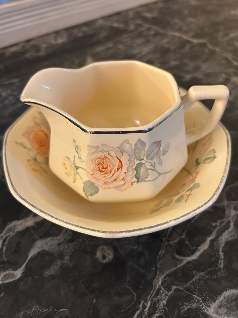 Homer Laughlin Cream Rose Floral Porcelain Creamer and Saucer Set